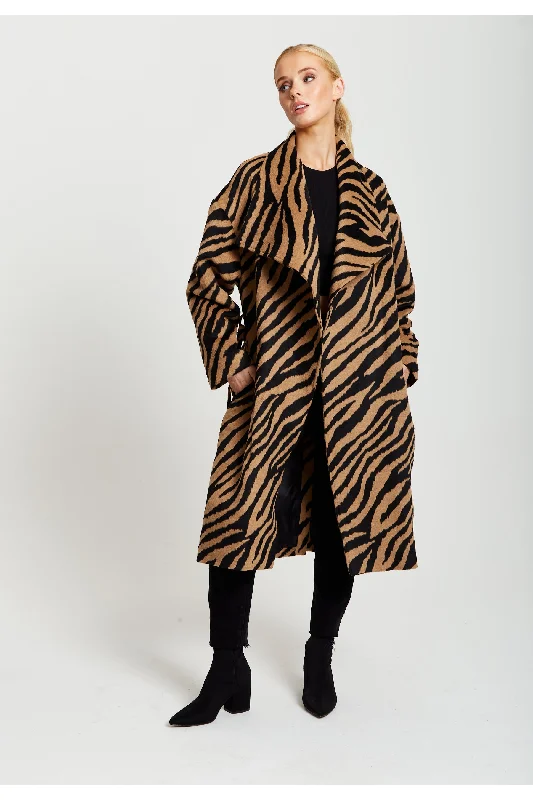 Liquorish Zebra Print Longline Coat In Brown And Black Houndstooth Coat Plaid Coat Tartan Coat