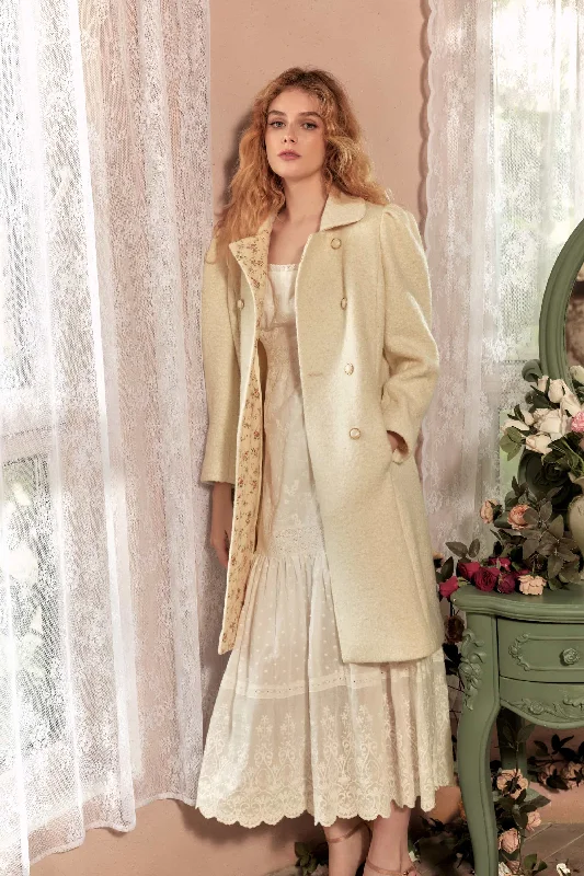 Fayette Small Lapel Wool Coat in Cream Front Pockets Side Pockets Patch Pockets