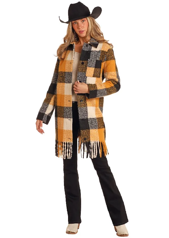 Women's Rock & Roll Long Plaid Fringe Coat Tweed Herringbone Houndstooth