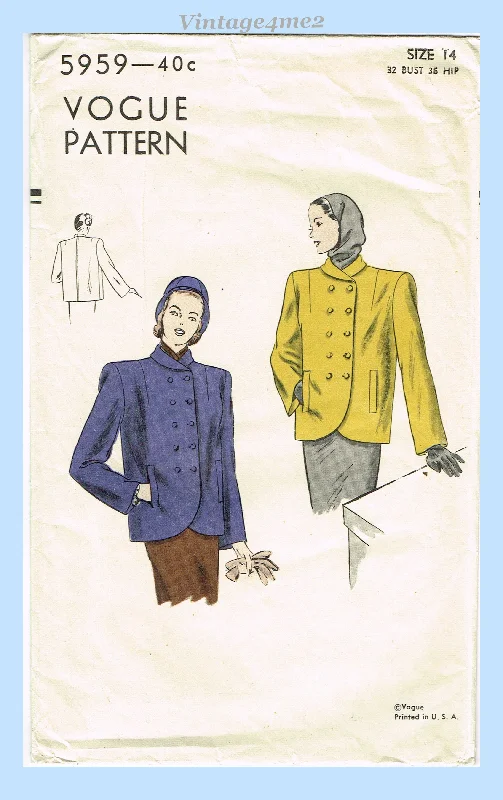 Vogue 5959: 1940s Stylish Uncut Misses Coat Sz 32 B Vintage Sewing Pattern Buttoned Zippered Snapped