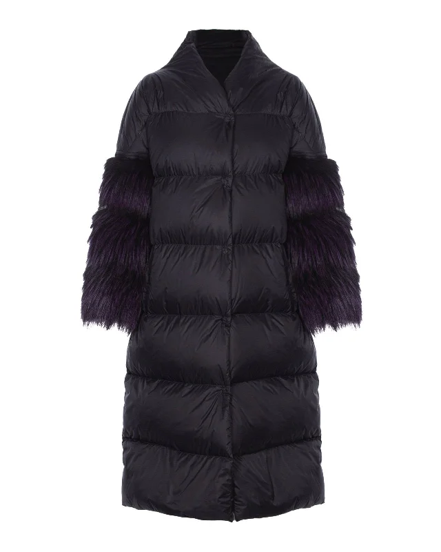 Black Long Puffer Coat Suede Faux Fur Shearling