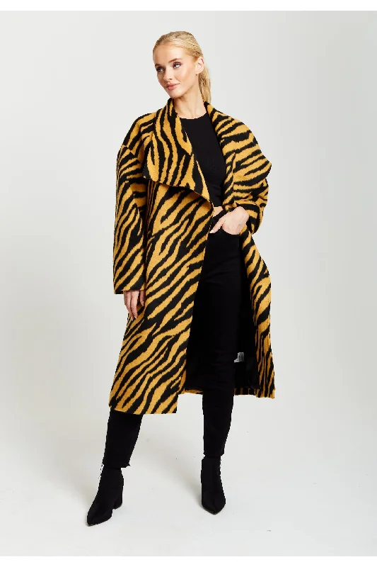 Liquorish Zebra Print Longline Coat In Mustard And Black Cape Coat Herringbone Coat Tweed Coat