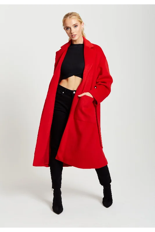 Liquorish Belted Longline Coat In Red Blazer Duffle Coat Pea Coat