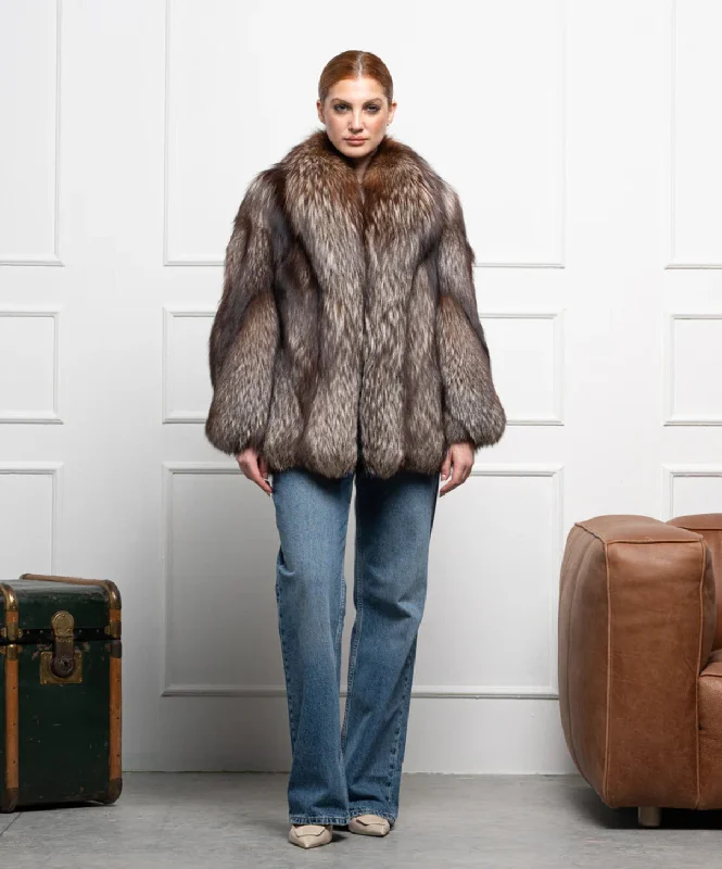 Women’s ‘Brown’ Silver Fox Fur Coat Rayon Velvet Corduroy