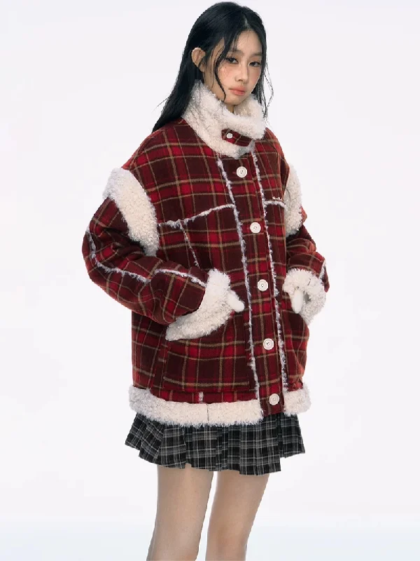 Red Plaid Woolen Fur Coat PUN0040 Plaid Tartan Floral