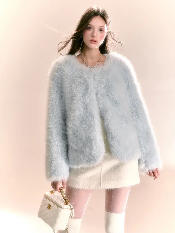 Luxury Wear Small Imitation Fur Blue Short Coat QDQ0104 Elasticated Drawstring Belted