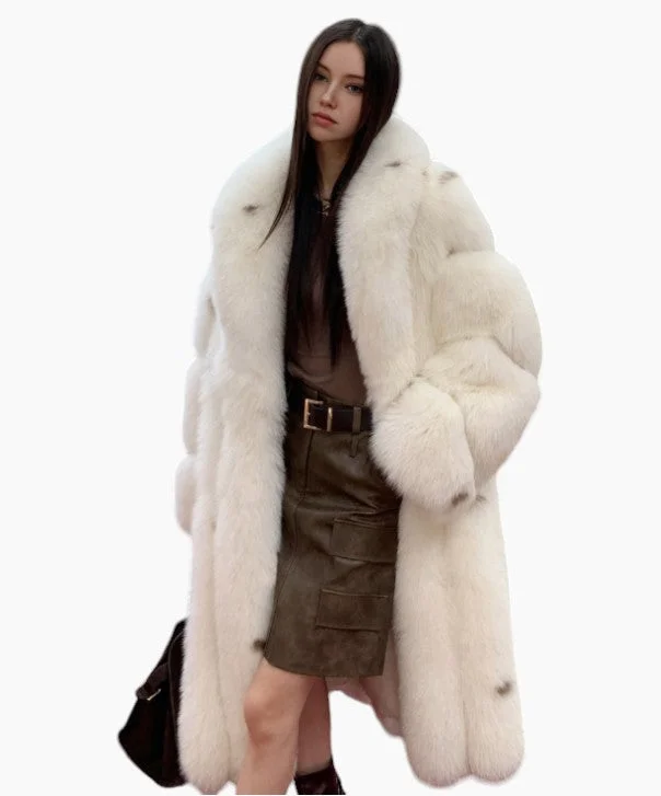 Women’s Full Length Snow Fox Fur Coat Stand-Up Roll-Neck Turtle