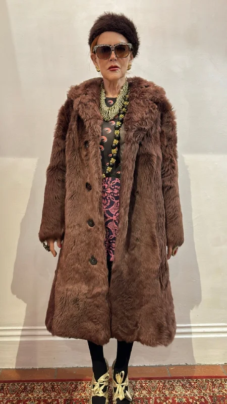 Vintage Brown Long Faux Fur Coat Trench Raincoat Windbreaker