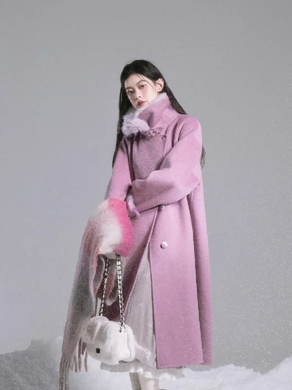 Midnight Plum Purple Furry Stand Collar Silk Double-faced Tweed Coat COT0182 Cuffed Rolled Raglan