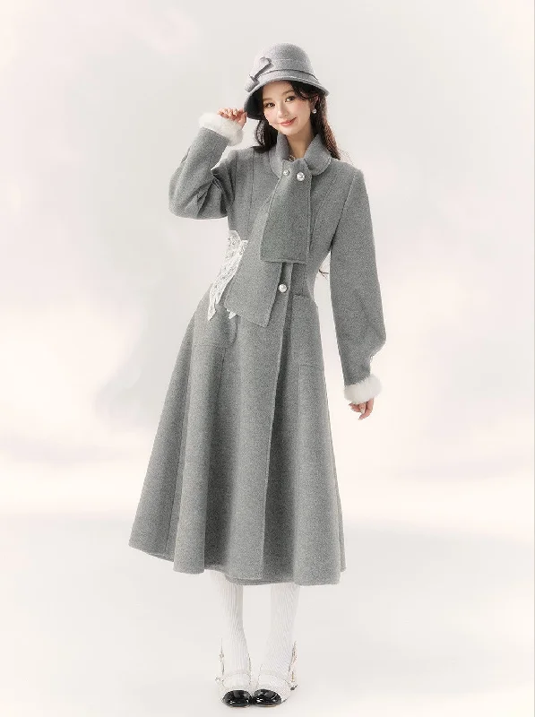 Gray Lace Bow Design Coat BBB0094 Parka Down Jacket Wool Coat