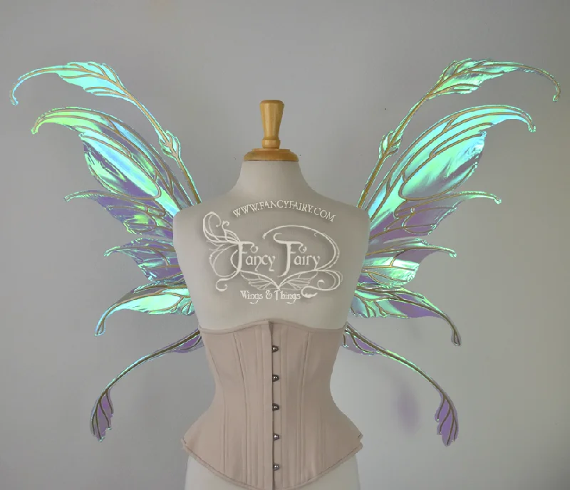 Fauna Iridescent Convertible Fairy Wings in Aquamarine with Candy Coat Gold veins Jersey Tulle Batik