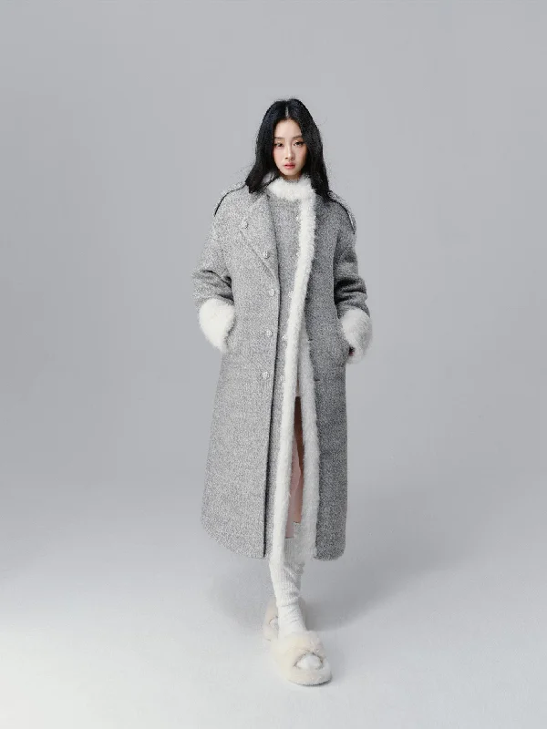 Icelandic Silver Snow Gray Fur Collar Woolen Long Coat SAL0093 Herringbone Houndstooth Plaid