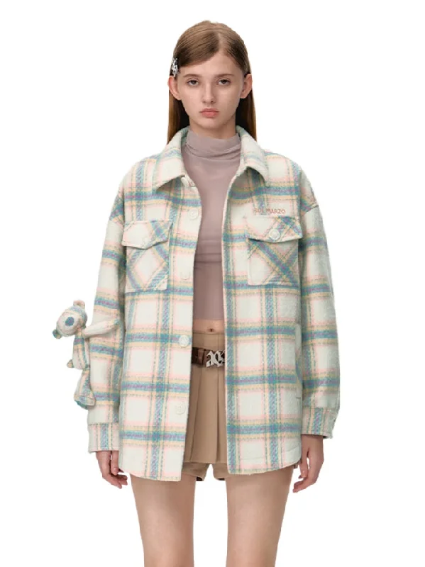 Bear Woven Plaid Coat Turtleneck Wrap Cape