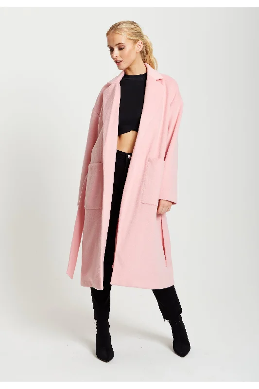 Liquorish Belted Longline Coat In Pink Suede Jacket Faux Fur Jacket Puffer Jacket