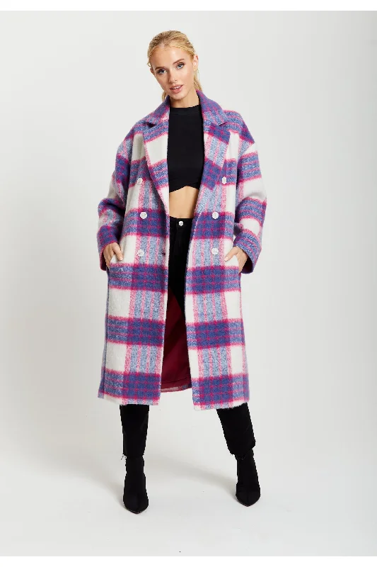 Liquorish Longline Coat In Pink And Navy Checks Houndstooth Jacket Shearling Jacket Fleece Jacket