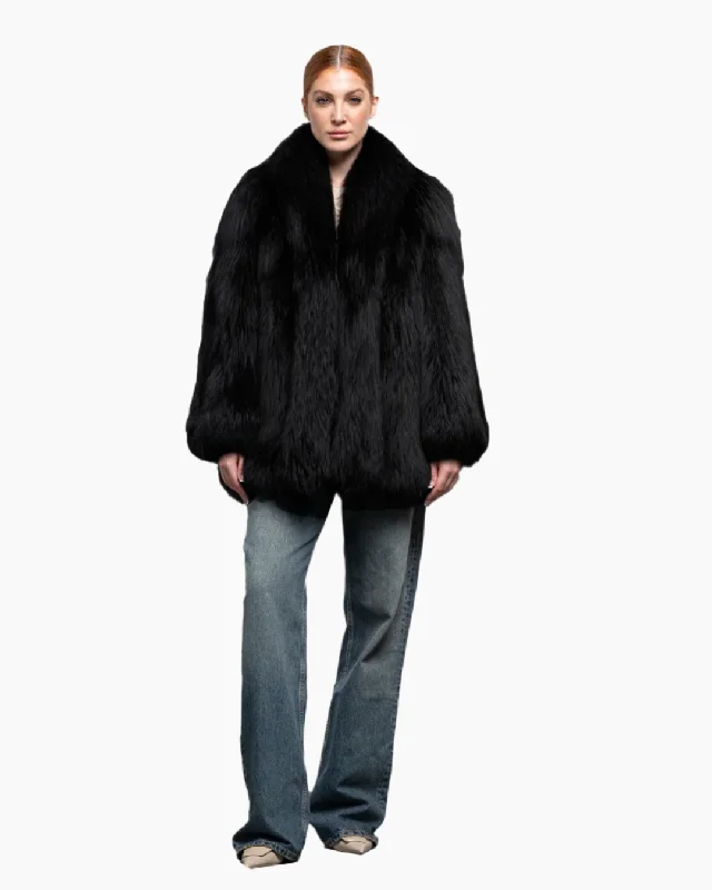 Women's Black Fox Fur Coat Tailored Straight A-Line