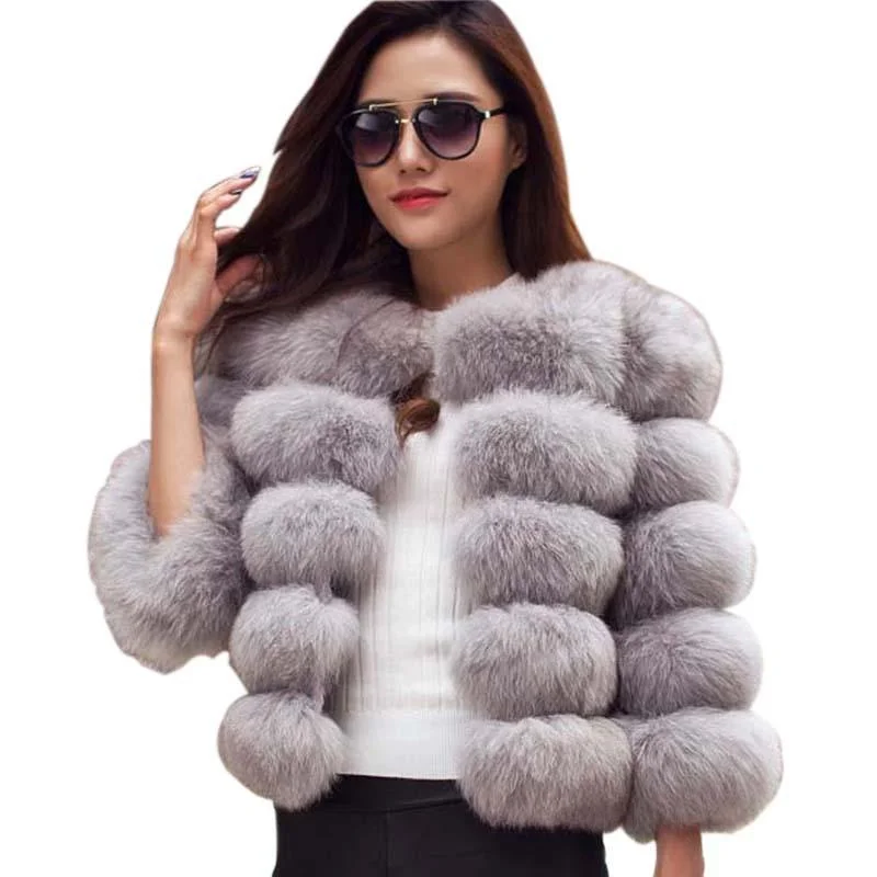 Elegant Faux Fur Coat empire Basque Peplum