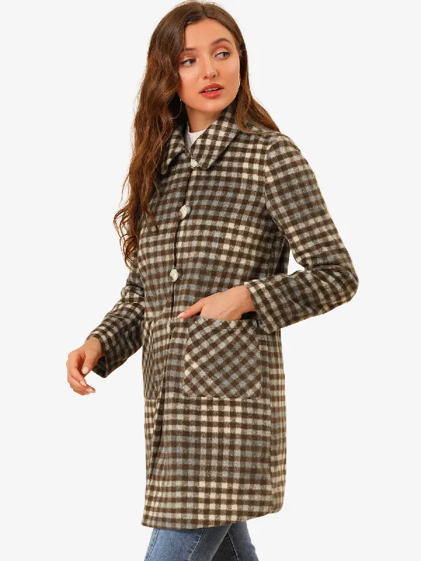 Turnover Collar Winter Elegant Woolen Blend Long Plaid Coat Plaid Tartan Floral