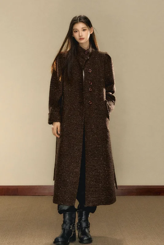 Chocolate Brown Tweed Long Over-the-Knee Wool Coat OSH0103 Hook-and-Loop Buckled Tied