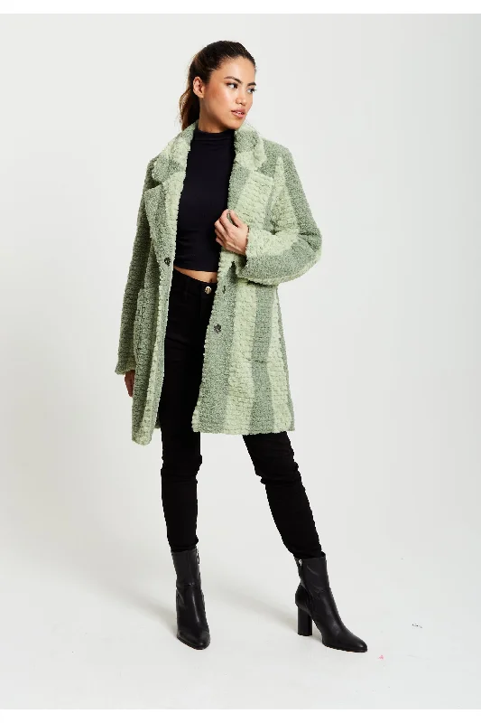 Liquorish Teddy Coat In Green Stripe Raincoat Turtleneck Coat Wrap Coat