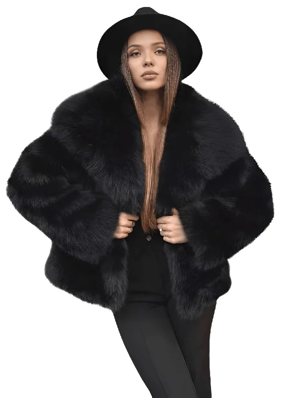 Luxe Faux Fur Crop Coat With Oversized Lapel Zip Front Button Front Snap Front