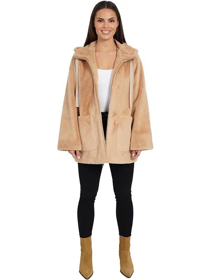 Love Token Faux Fur Coat with Hood Raincoat Turtleneck Coat Wrap Coat