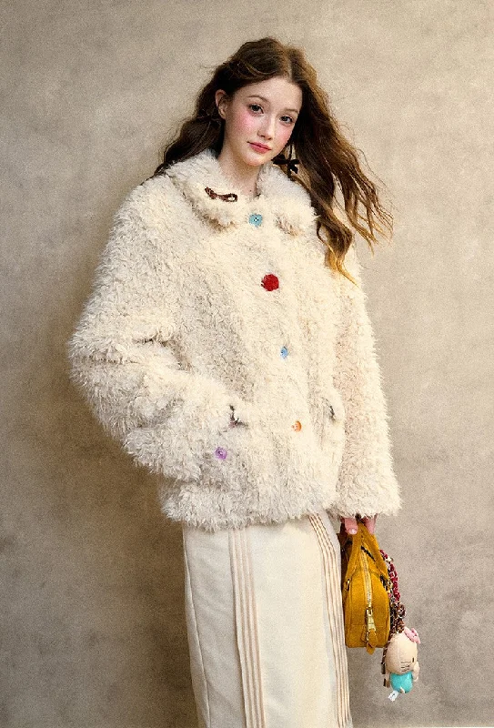 Cream Strawberry/Gray Blue Warm Curly Fur Coat GRO0093 Asymmetrical Diagonal princess