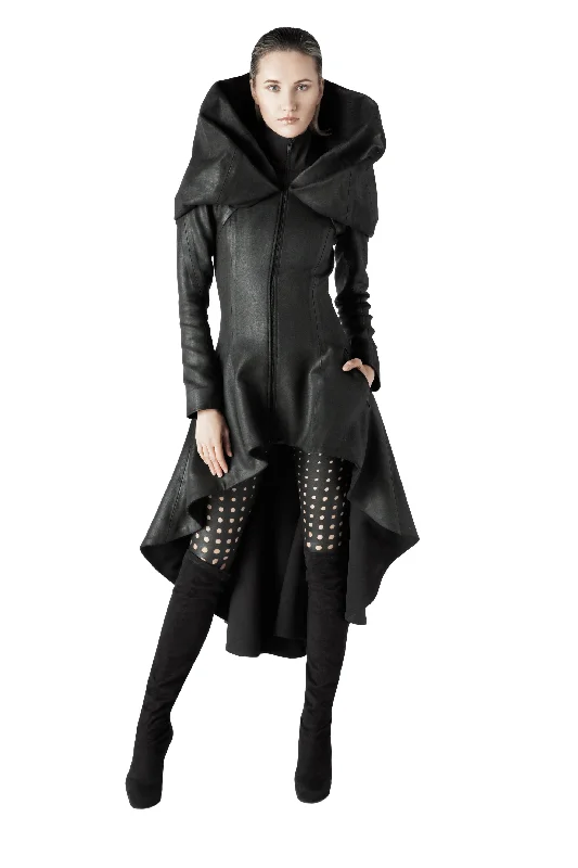 Miscella Long Coat Asymmetrical Collar Hooded Zippered