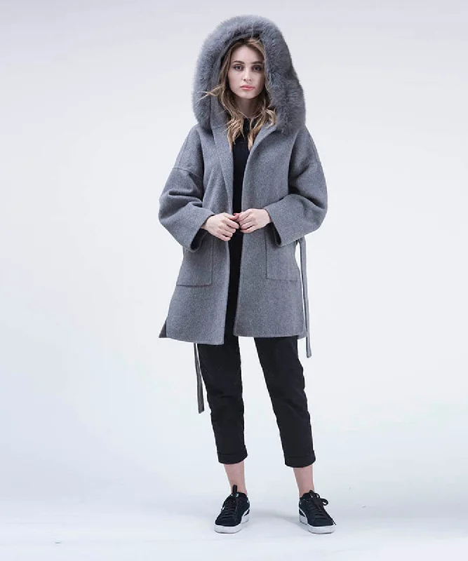 Cashmere Wool Fox Fur Coat - Women Anorak Windbreaker Fleece