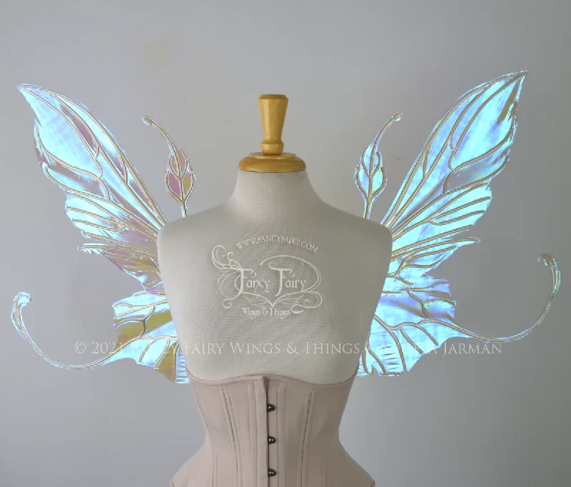 Elvina Iridescent Convertible Fairy Wings in Opal with Candy Coat Gold veins Rayon Velvet Corduroy