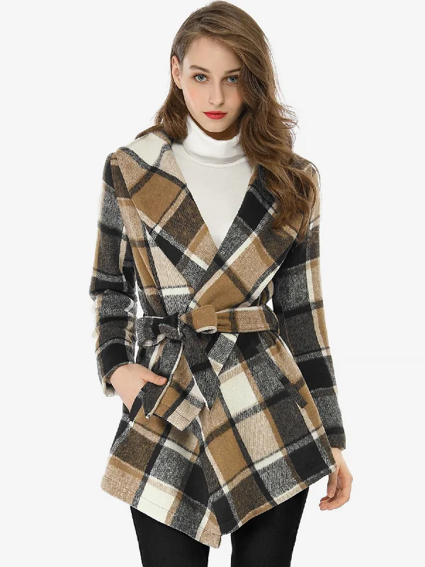 Turn Down Collar Asymmetric Hem Thin Plaids Wrap Coat Trench Raincoat Windbreaker