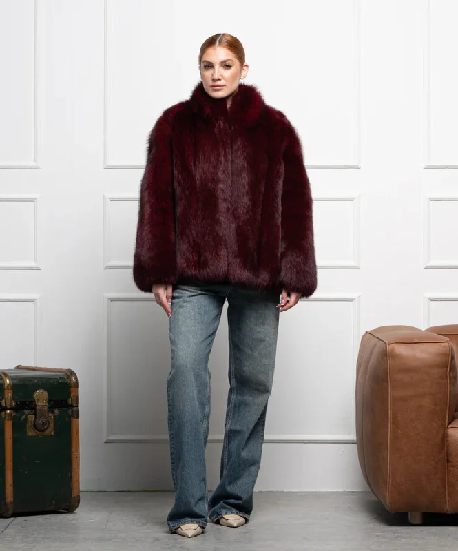 Women’s Burgundy Fox Fur Coat Chenille Brocade Lace