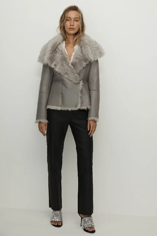 Sutton Place Shearling Coat Moonlight Grey Shearling Crew Neck V-Neck Boat Neck