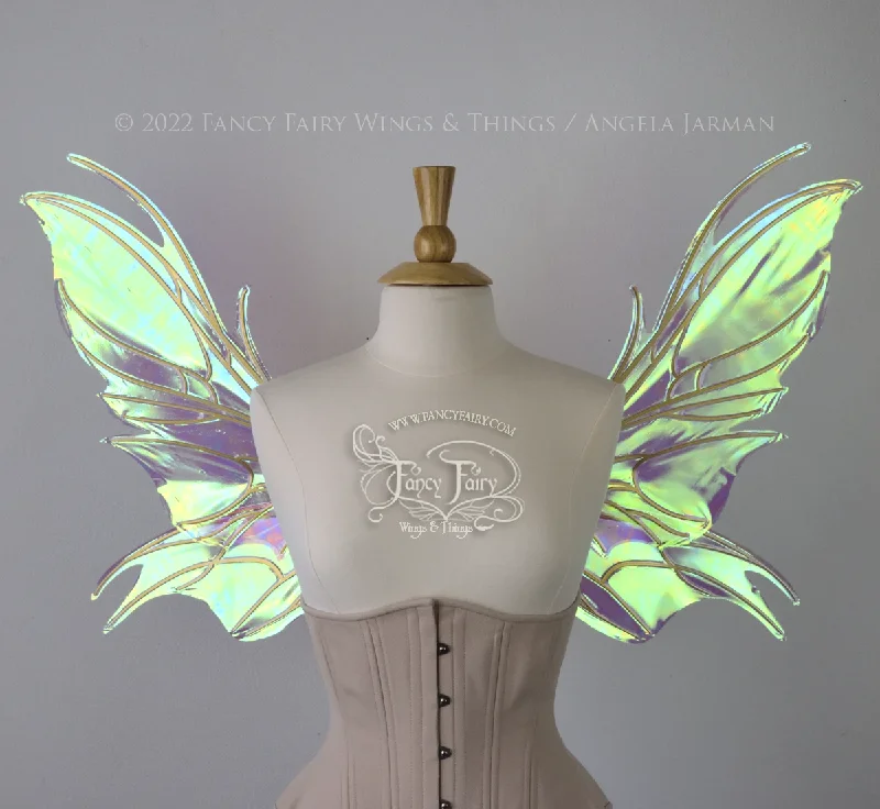 Nightshade Iridescent Convertible Fairy Wings in Aurora with Candy Coat Gold veins Denim Leather Suede