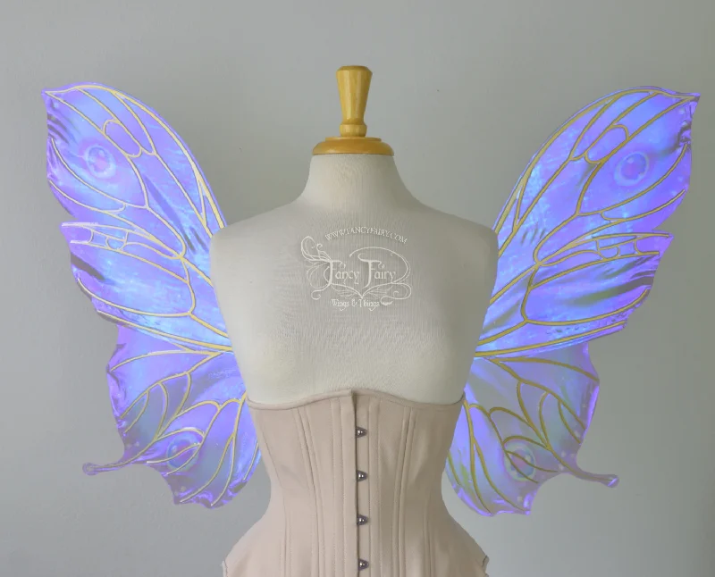 Pansy "Ultraviolet Rainbow Moth" Iridescent Convertible Fairy Wings with Candy Coat gold veins Striped Polka Dot Floral