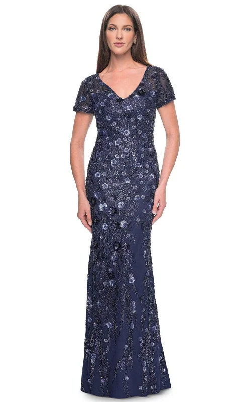 La Femme 31779 - V-Neck Sparkling Floral Embellished Evening Dress Tunics Fashionable trendy