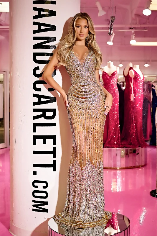 Portia and Scarlett PS23720C Formal Beaded Long Prom Evening Dress Off-the-shoulder Bohemian Festive