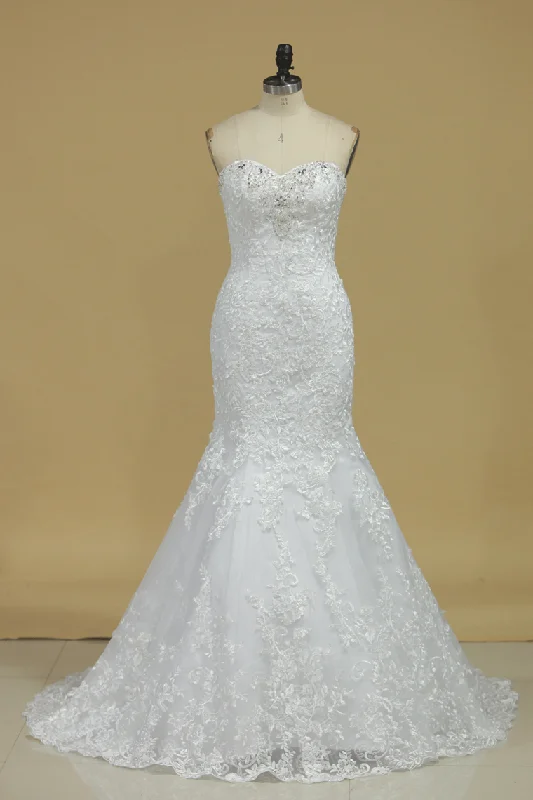 Sweetheart Wedding Dresses Mermaid Tulle With Applique And Beads Court Train Tunics Luxurious premium