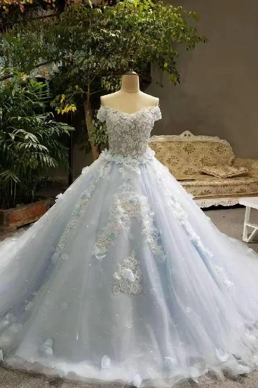 Tiffany Blue Wedding Dresses Tulle Lace Up With Appliques And Handmade Flowers Off The Shoulder Tunics Practical easy-care