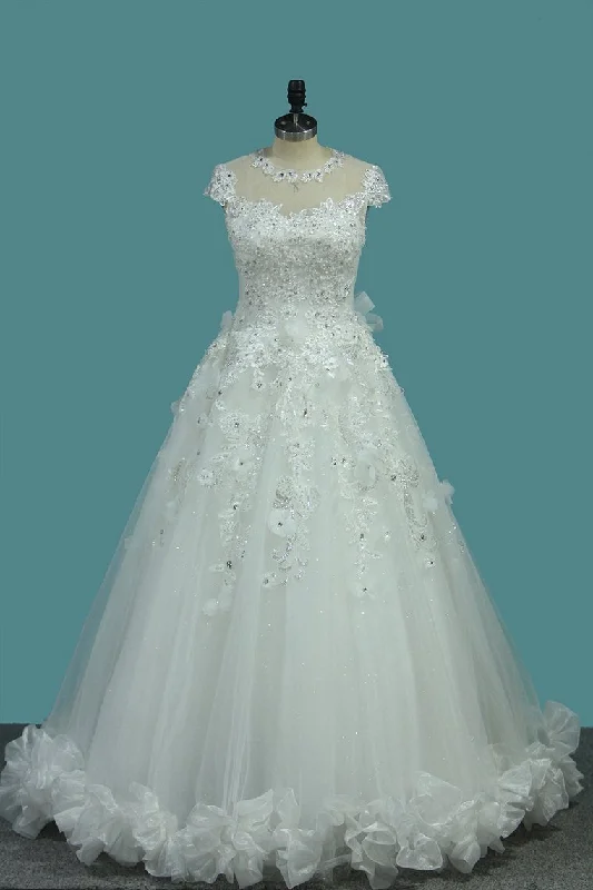 Top Quality Lace Ball Gown Cap Sleeve Wedding Dresses With Applique & Beading Floor Length Tunics Trendy modern