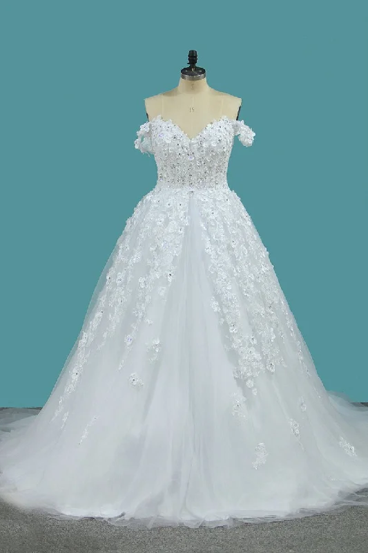 Tulle A Line Off The Shoulder With Applique And Beads Court Train Wedding Dresses Boat Neckline Classic