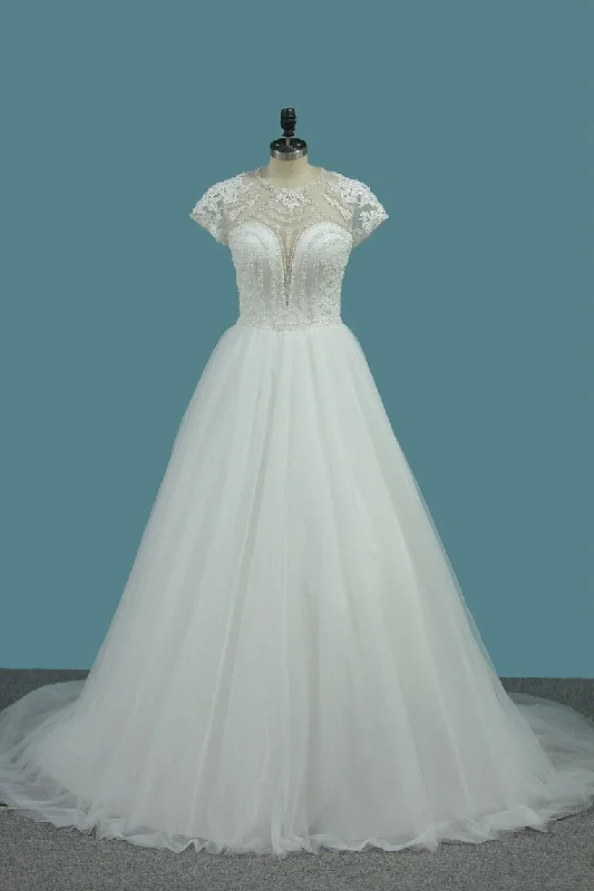 Tulle A Line Scoop Short Sleeve Wedding Dresses With Applique And Beads Open Back Cowl Neckline Elegant