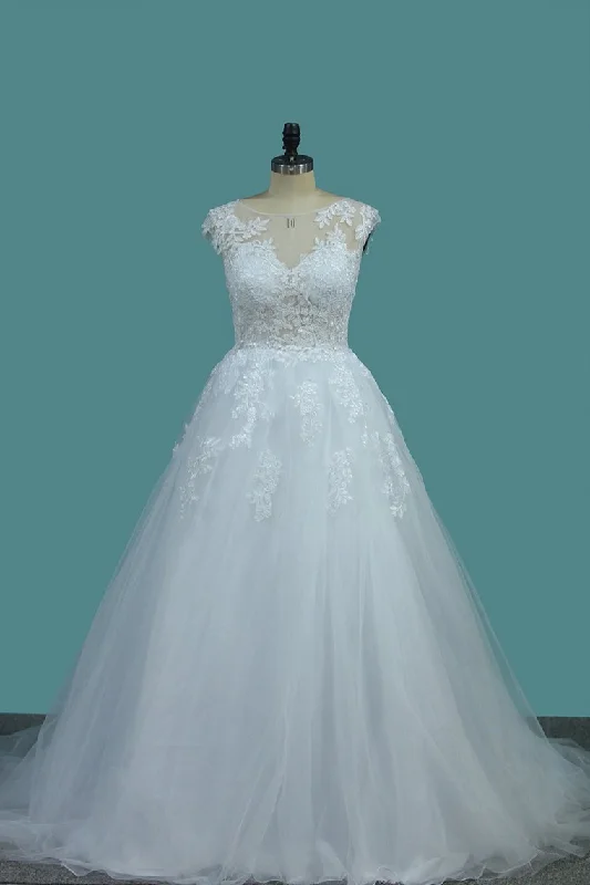 Tulle A Line Scoop Wedding Dresses With Applique Sweep Train Crew Neckline Sporty