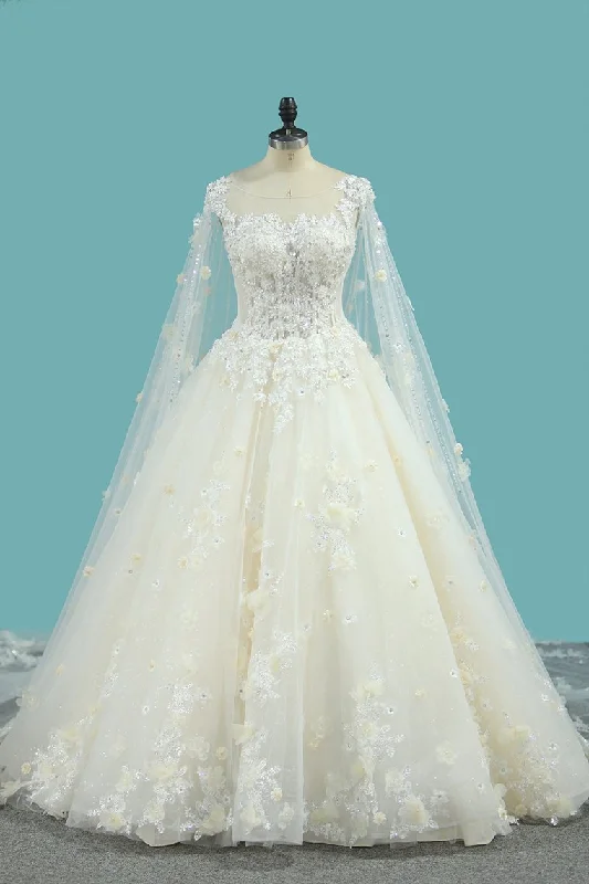 Tulle A Line Scoop Wedding Dresses With Beading Chapel Train Lace Up Turtleneck Warm Winter