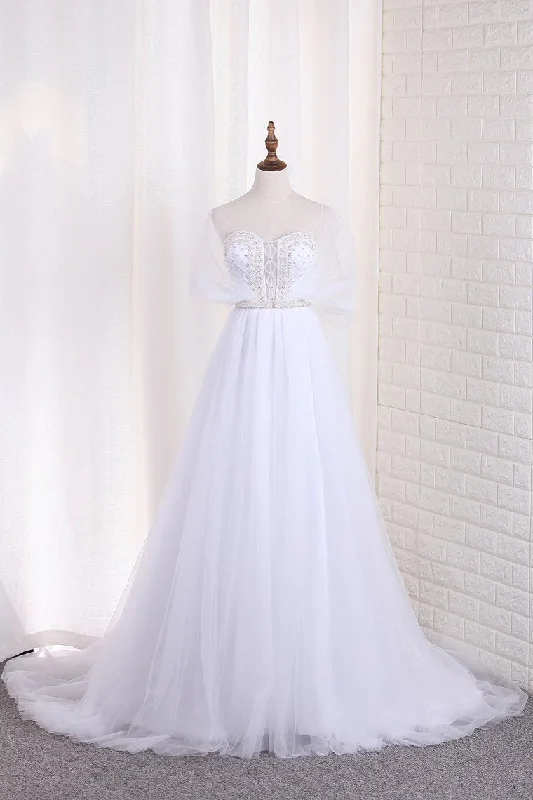 Tulle A Line Sweetheart Beaded Bodice Wedding Dresses Court Train Tunic Top Casual