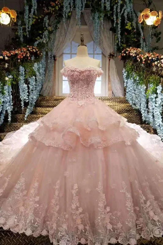 Tulle Awesome Pink Wedding Dresses Off The Shoulder Lace Up With Appliques And Crystals Tunics Plaid country