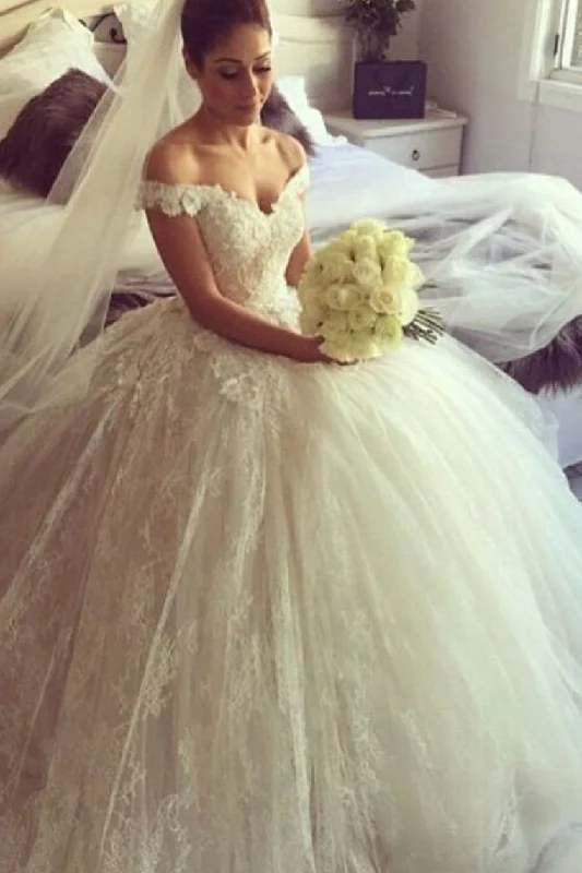 Tulle & Lace Off The Shoulder Wedding Dresses Ball Gown With Applique Tunics Stylish elegant