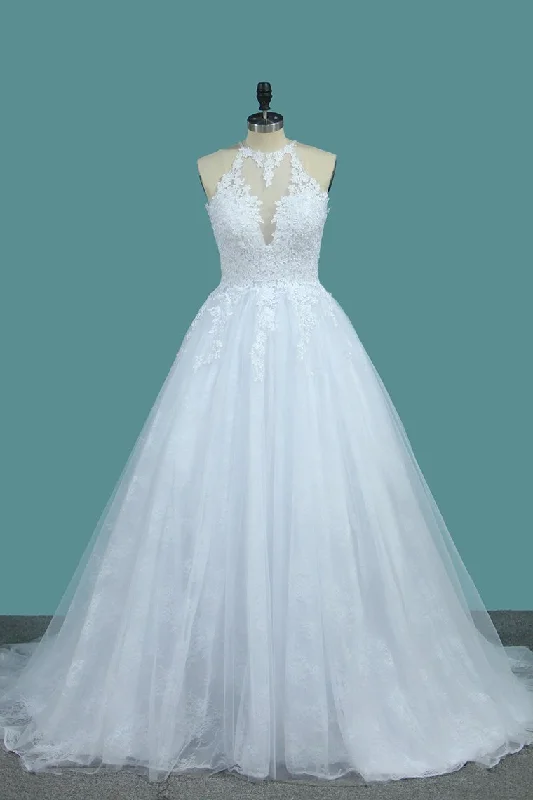 Tulle & Lace Wedding Dresses Scoop A Line With Applique Sweep Train Tunics Luxurious high-end