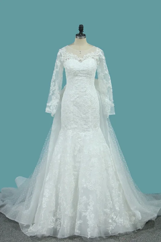 Tulle Long Sleeves Mermaid Wedding Dresses With Applique Court Train Detachable Tunics Corduroy durable