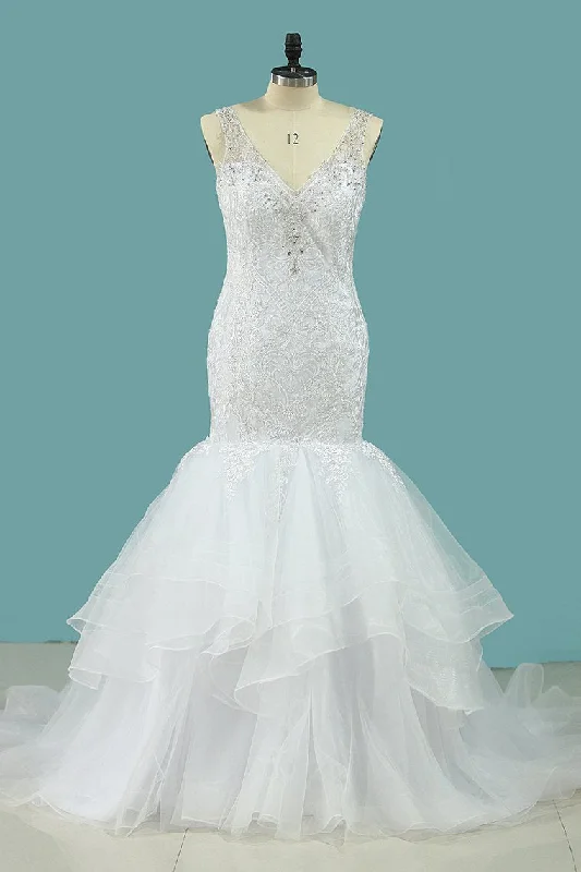 Tulle Mermaid Wedding Dresses Straps Beaded Neckline Court Train Tunics Running lightweight